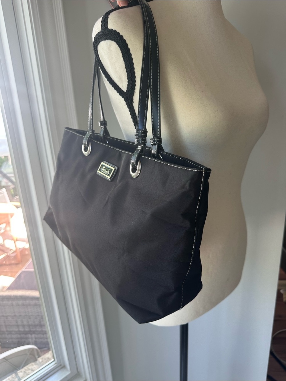 VINTAGE 90s Y2K HARRODS LONDON Classic Black Nylon Shoulder Swing Bag Purse Tote